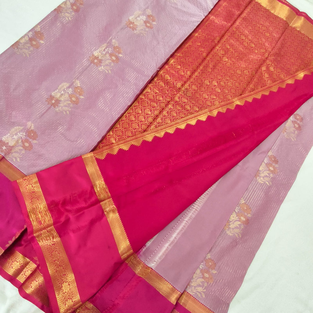 Semi Kanchipuram Silk Saree- lavender and Rani Pink Contrast