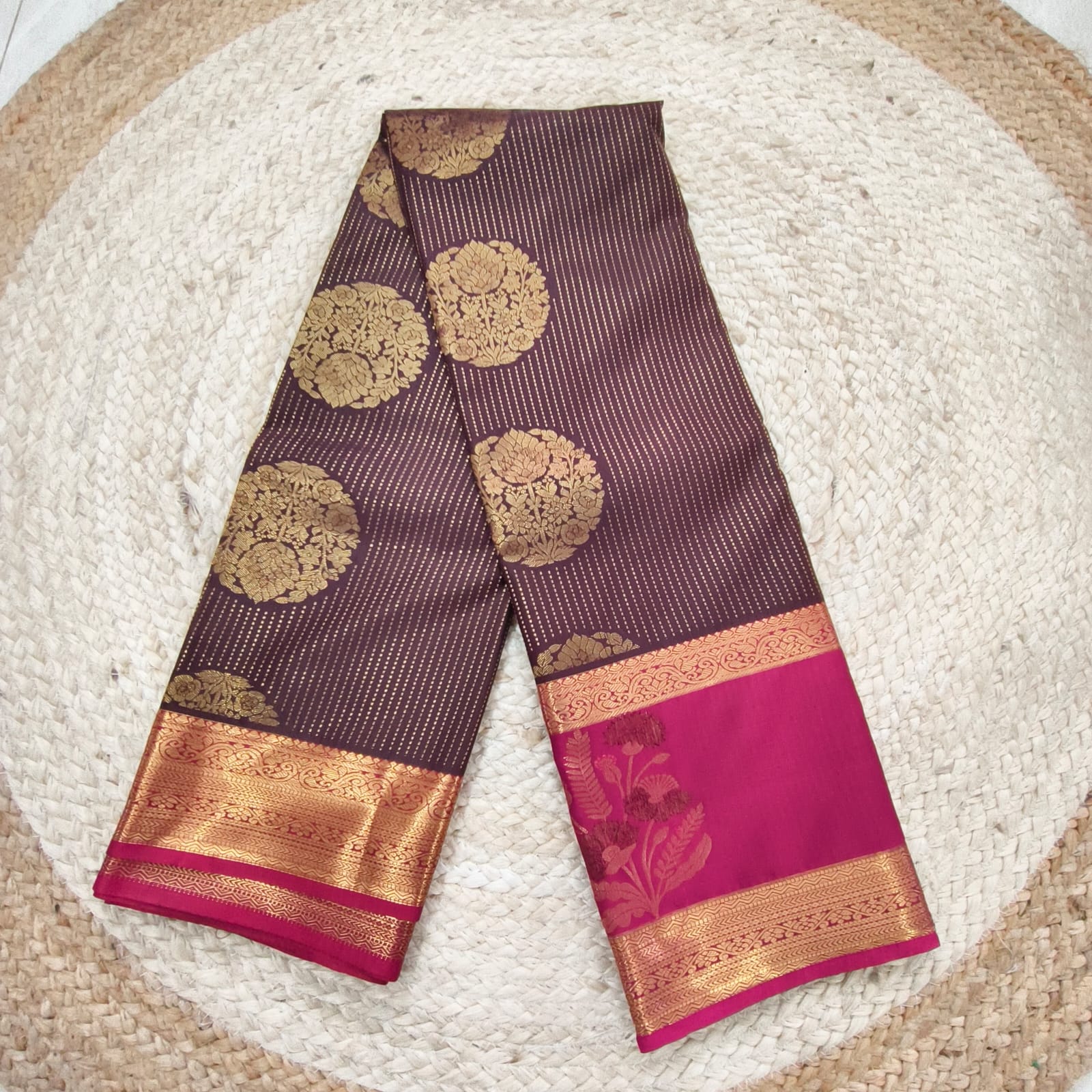 Semi Kanchipuram Silk Saree- Dark Chocolate Brown and Rani Pink Contrast