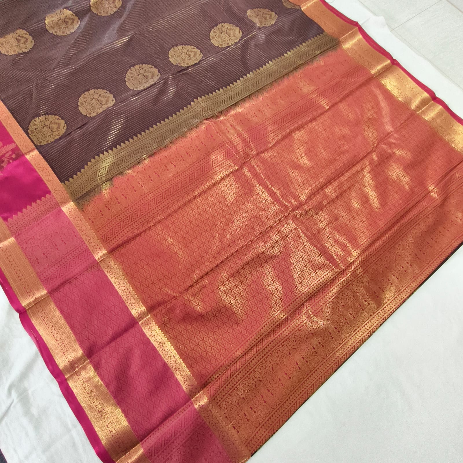 Semi Kanchipuram Silk Saree- Dark Chocolate Brown and Rani Pink Contrast
