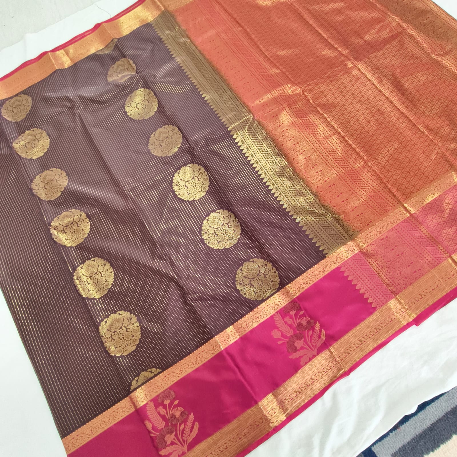 Semi Kanchipuram Silk Saree- Dark Chocolate Brown and Rani Pink Contrast