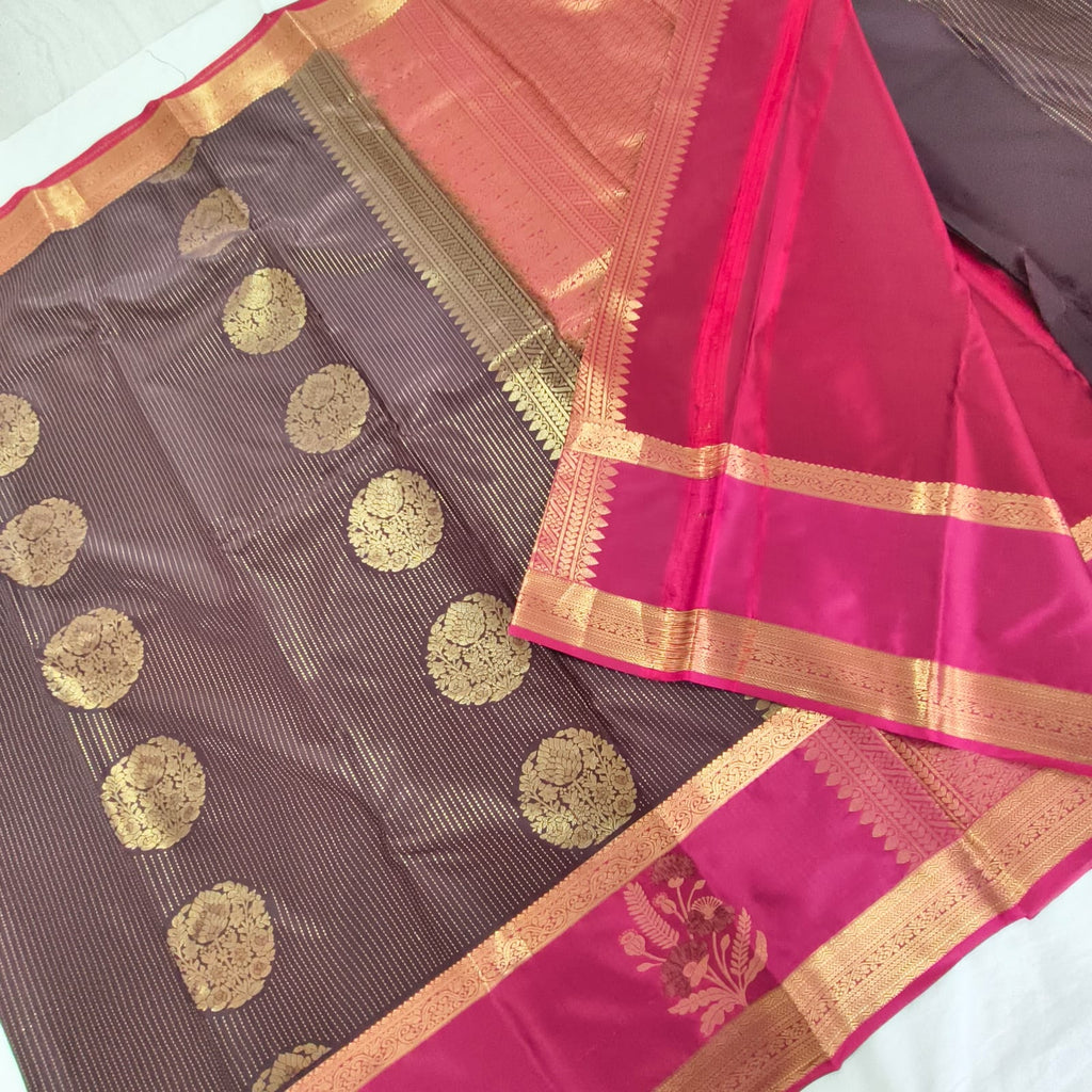 Semi Kanchipuram Silk Saree- Dark Chocolate Brown and Rani Pink Contrast