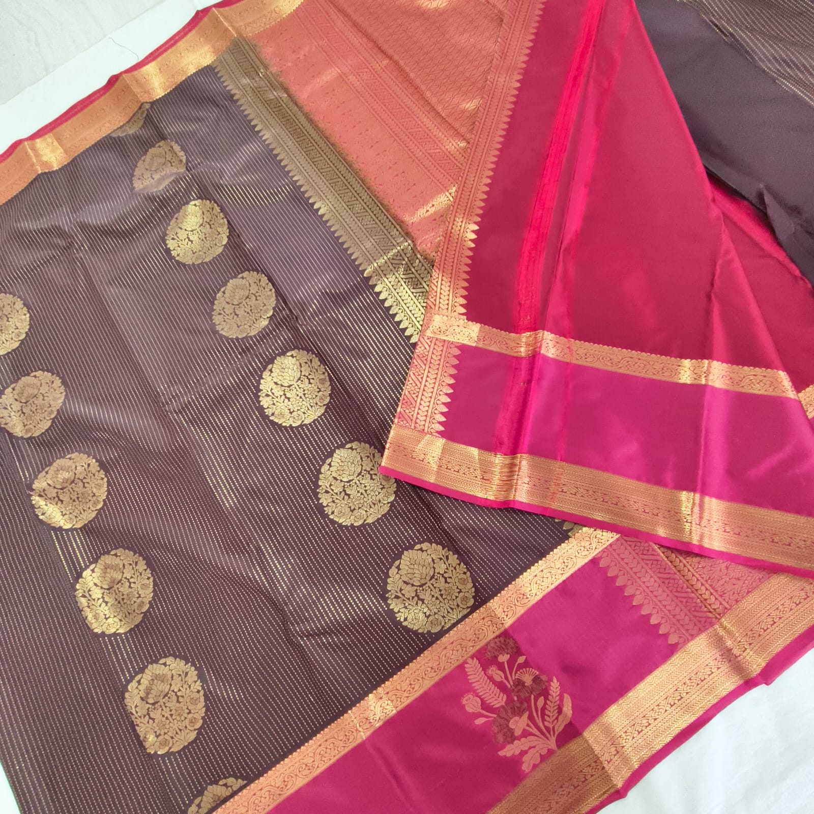 Semi Kanchipuram Silk Saree- Dark Chocolate Brown and Rani Pink Contrast