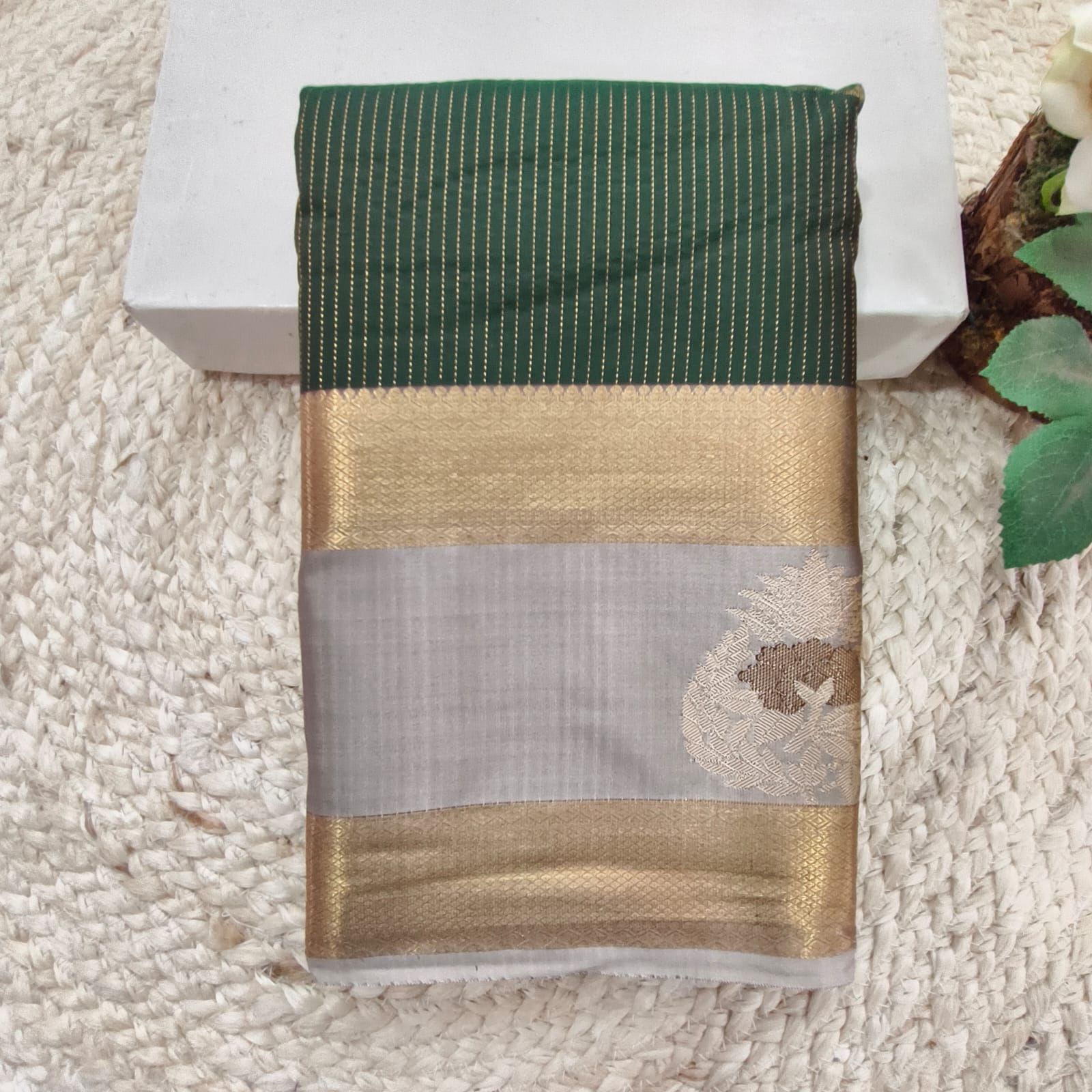 Semi Kanchipuram Silk Saree- Bottle Green and Grey Contrast