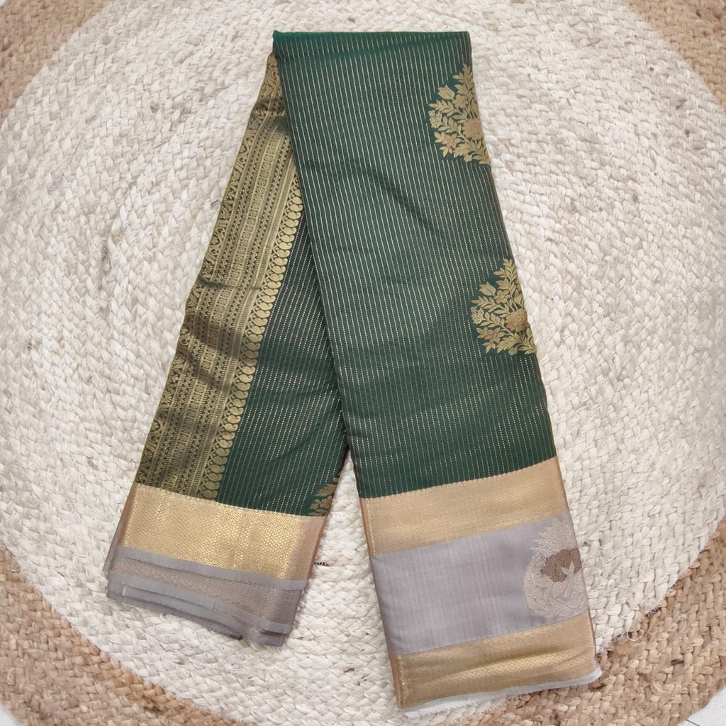 Semi Kanchipuram Silk Saree- Bottle Green and Grey Contrast