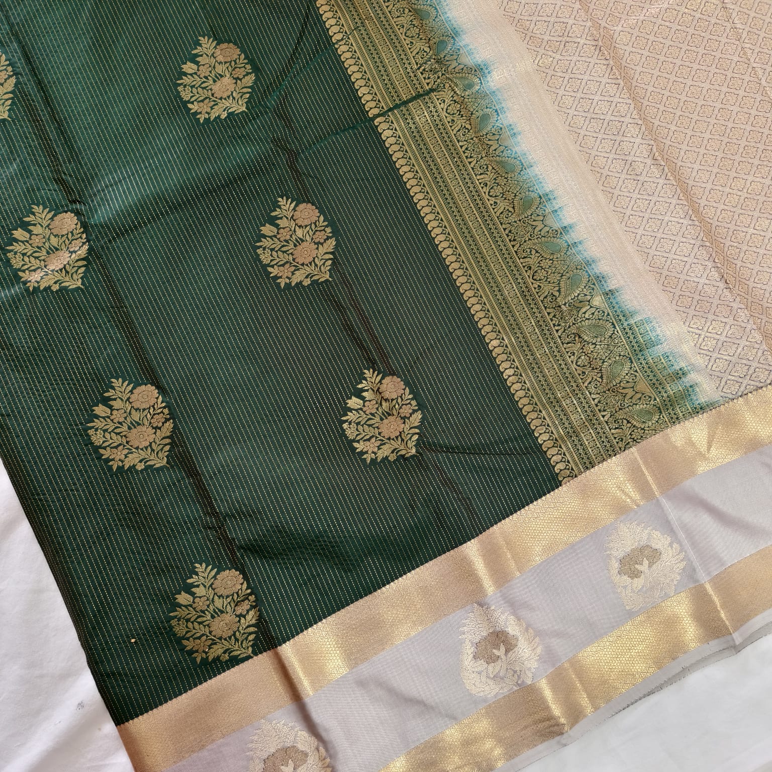 Semi Kanchipuram Silk Saree- Bottle Green and Grey Contrast