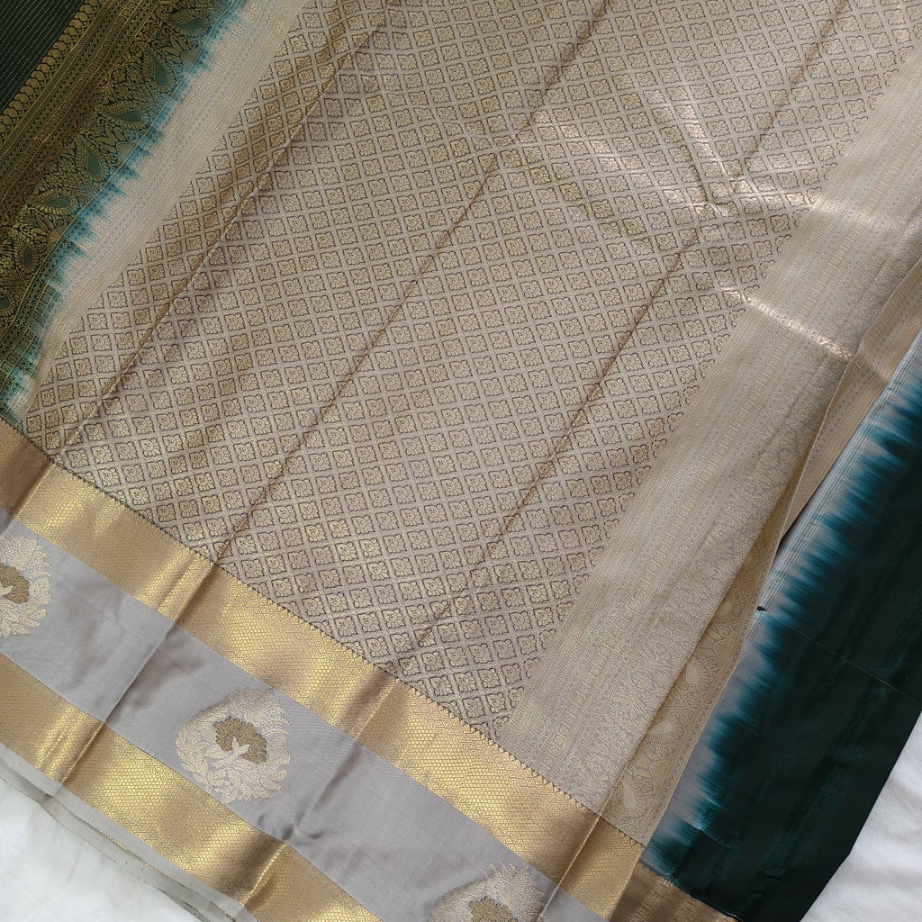 Semi Kanchipuram Silk Saree- Bottle Green and Grey Contrast