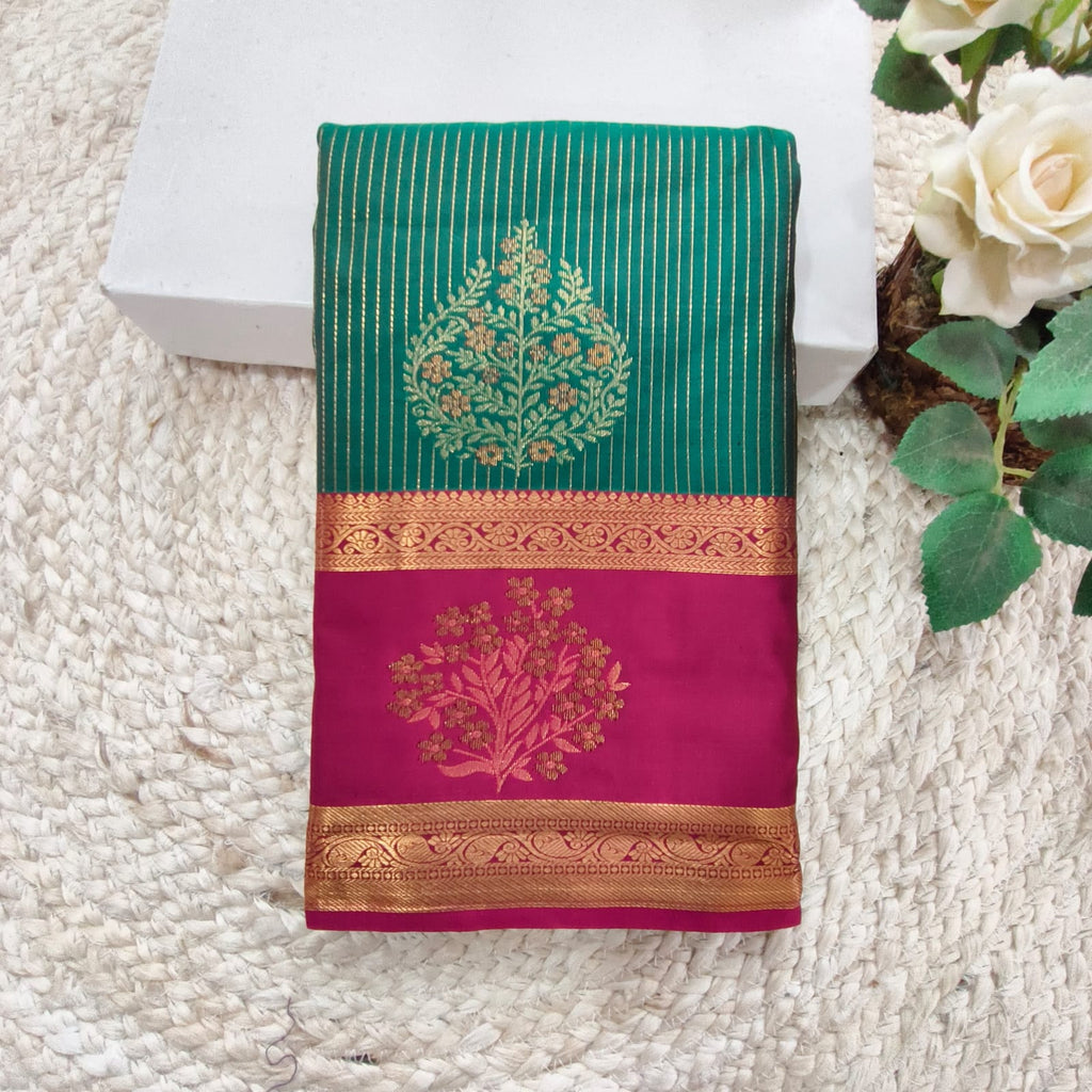 Semi Kanchipuram Silk Saree- Emerald Green and Rani Pink Contrast