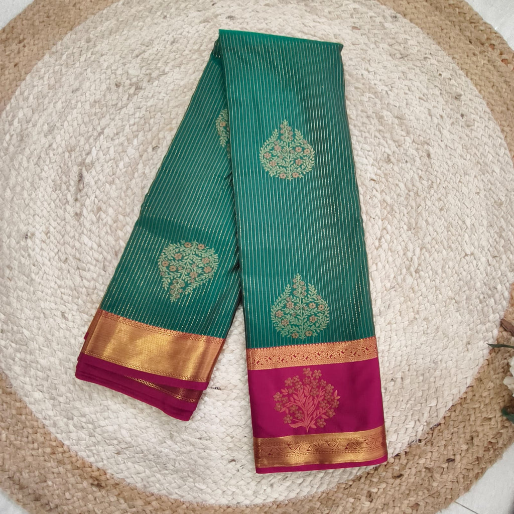 Semi Kanchipuram Silk Saree- Emerald Green and Rani Pink Contrast