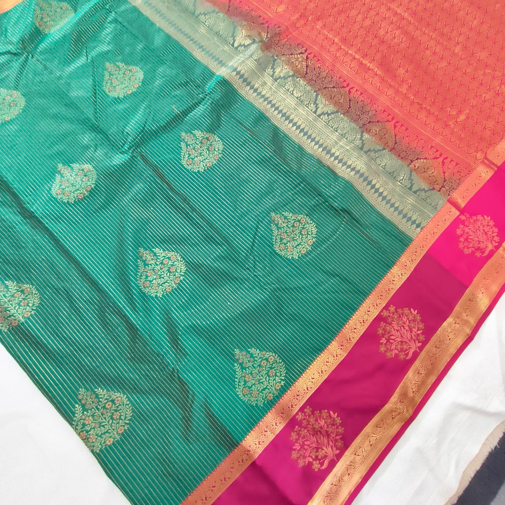 Semi Kanchipuram Silk Saree- Emerald Green and Rani Pink Contrast