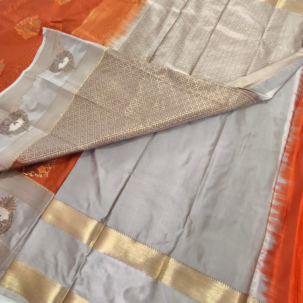 Semi Kanchipuram Silk Saree- Rust Orange and Grey Contrast