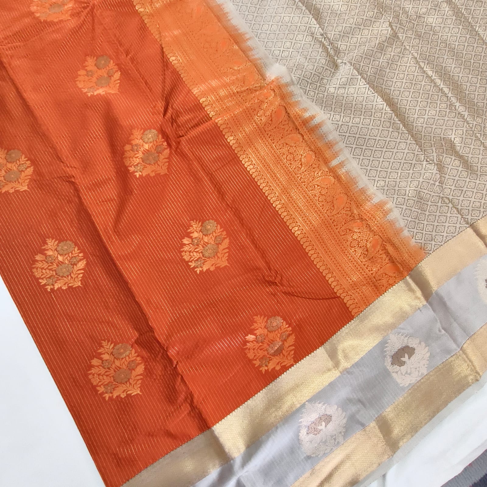Semi Kanchipuram Silk Saree- Rust Orange and Grey Contrast