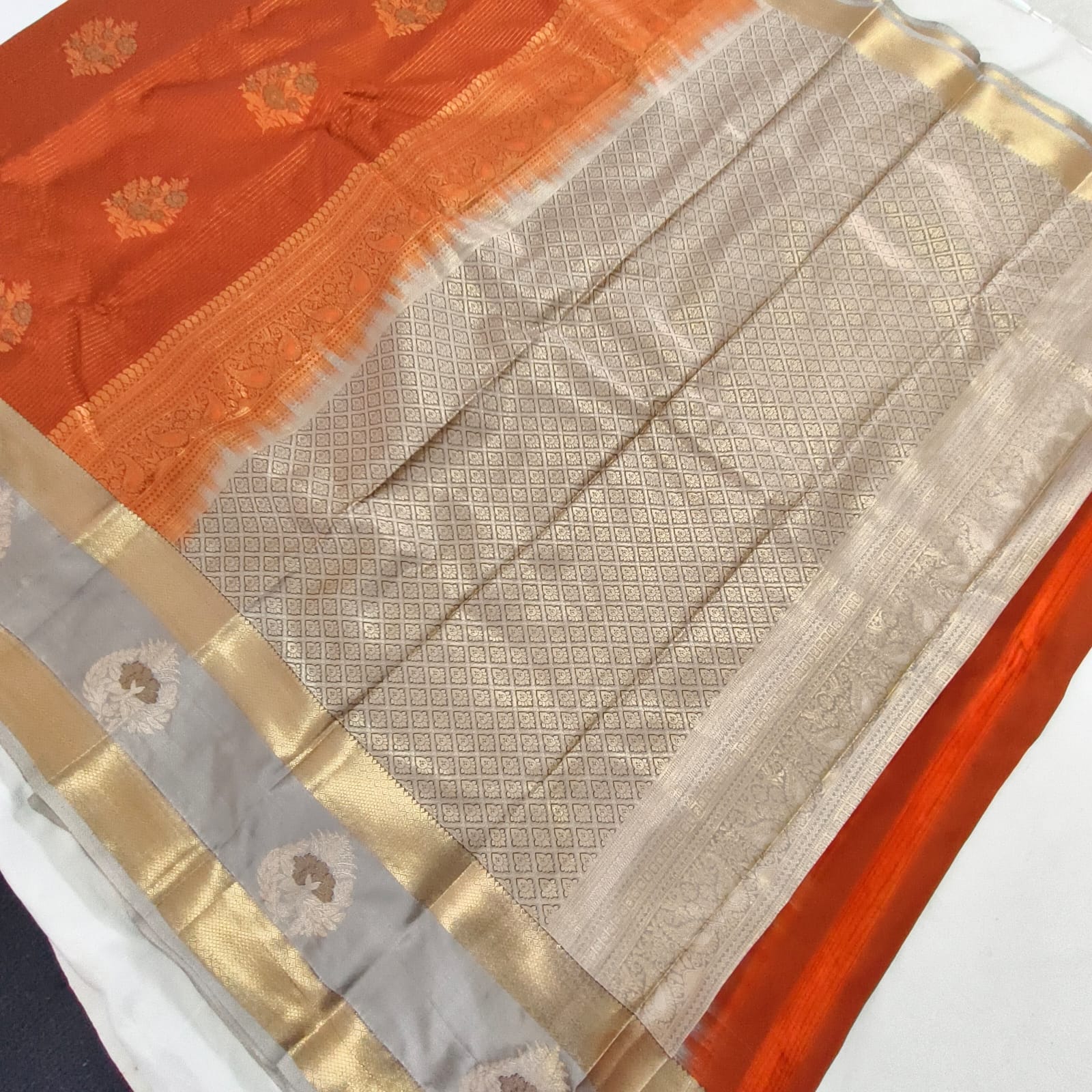 Semi Kanchipuram Silk Saree- Rust Orange and Grey Contrast