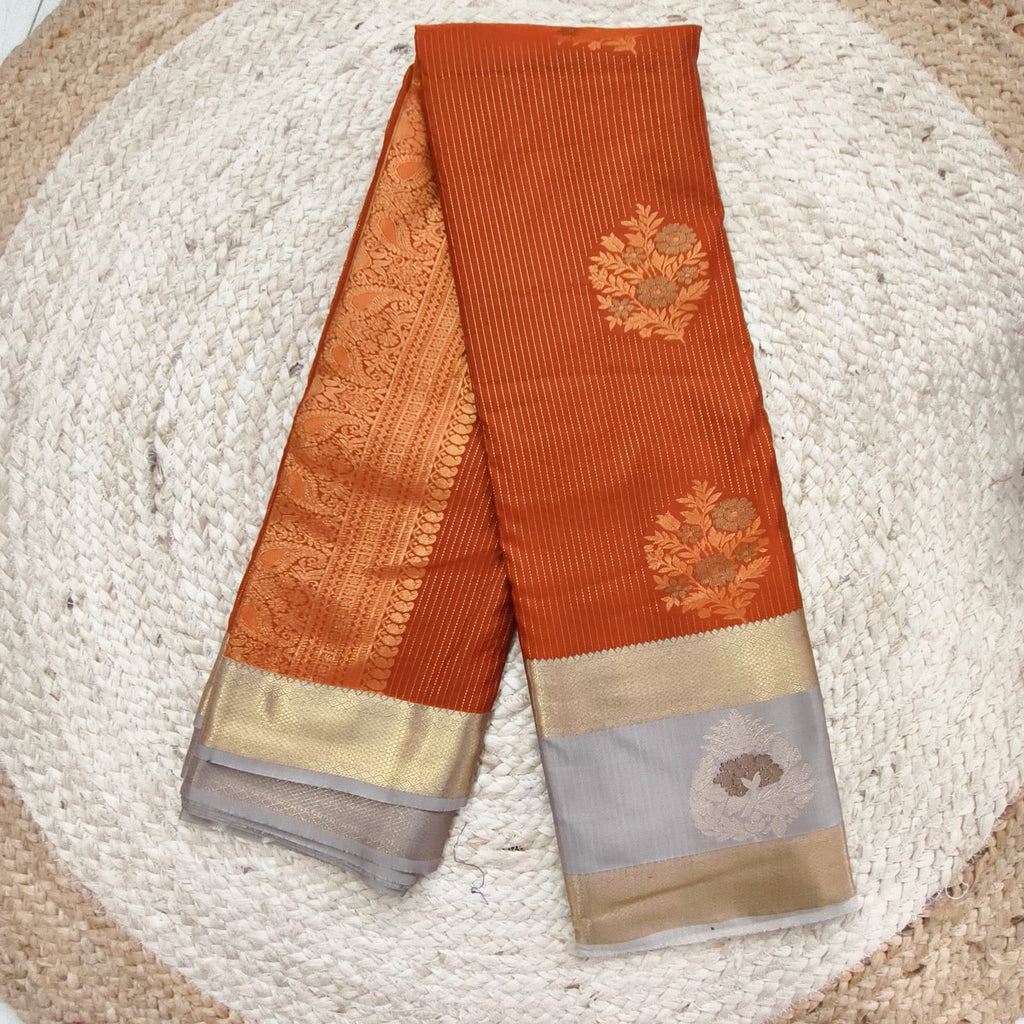 Semi Kanchipuram Silk Saree- Rust Orange and Grey Contrast