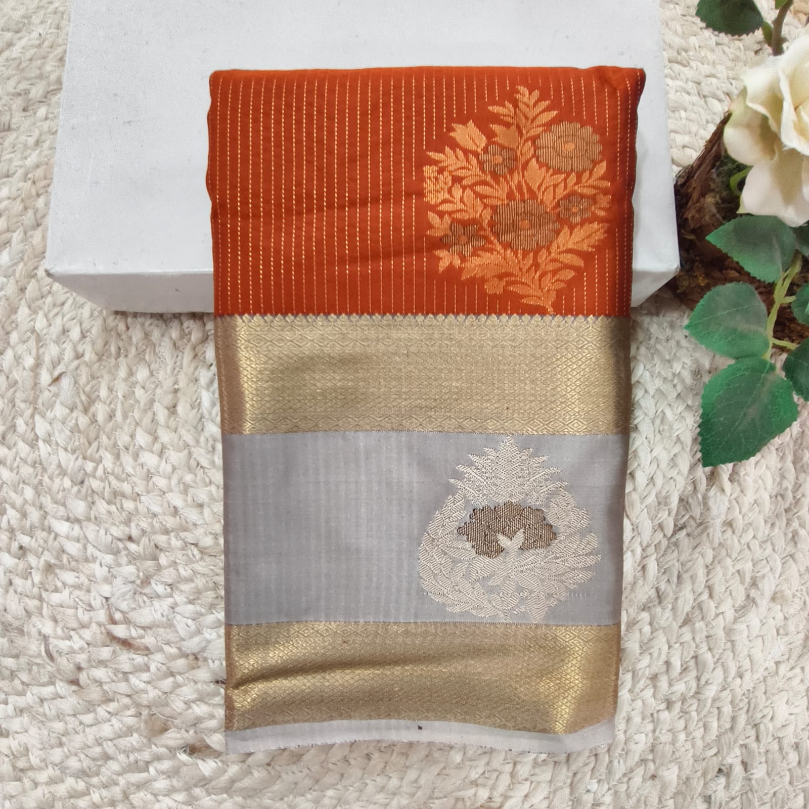 Semi Kanchipuram Silk Saree- Rust Orange and Grey Contrast