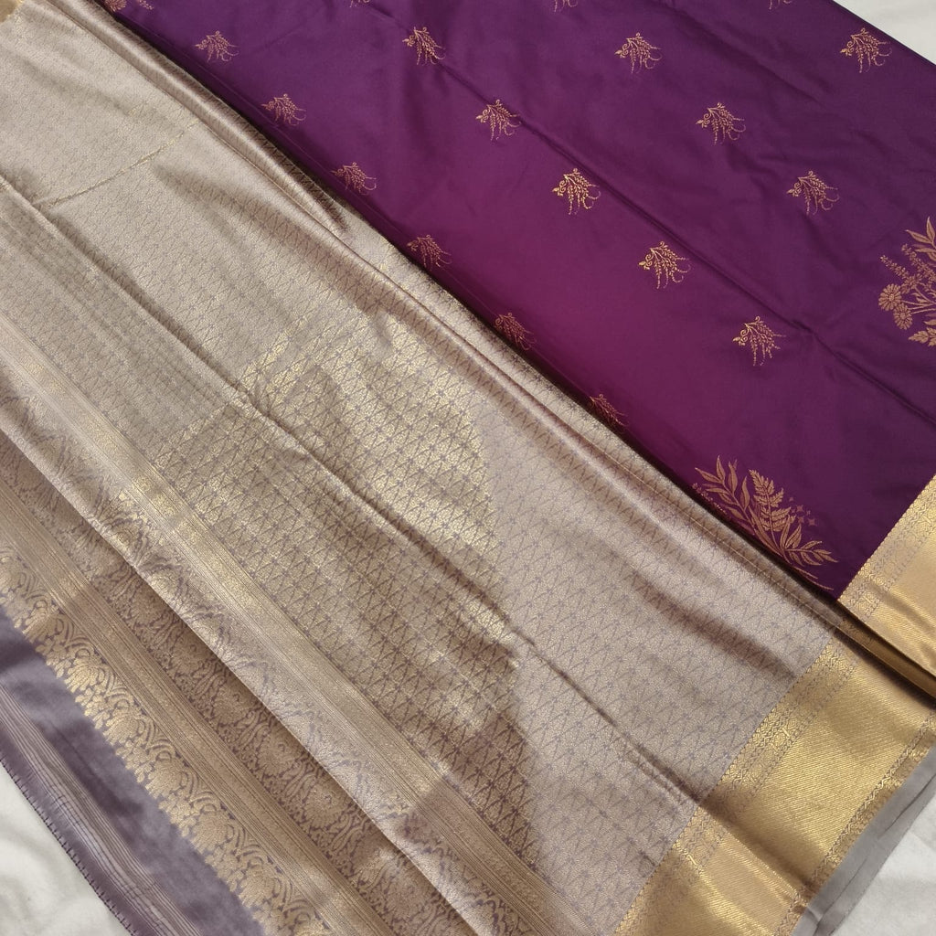 Semi Kanchipuram Silk Saree- magenta and Golden Contrast