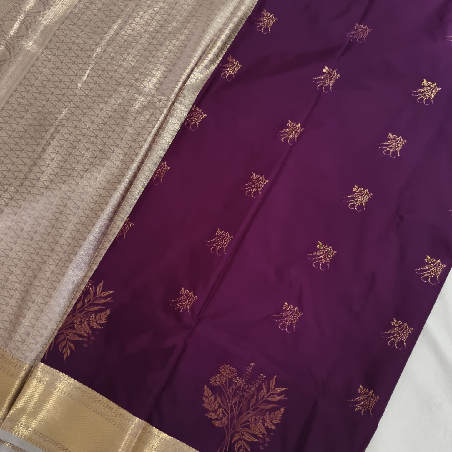 Semi Kanchipuram Silk Saree- magenta and Golden Contrast