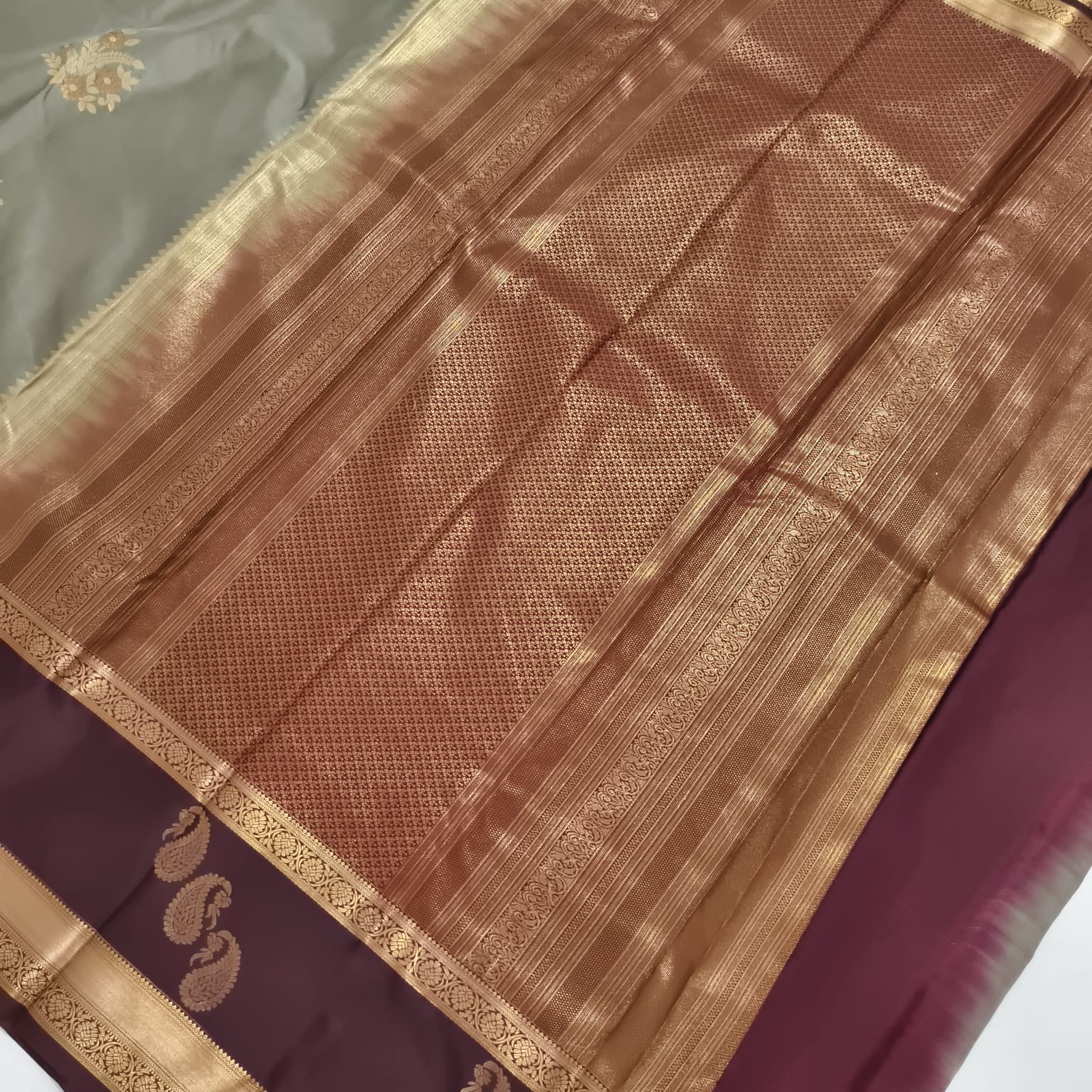 Semi Kanchipuram Silk Saree- Sage Green and Maroon Contrast