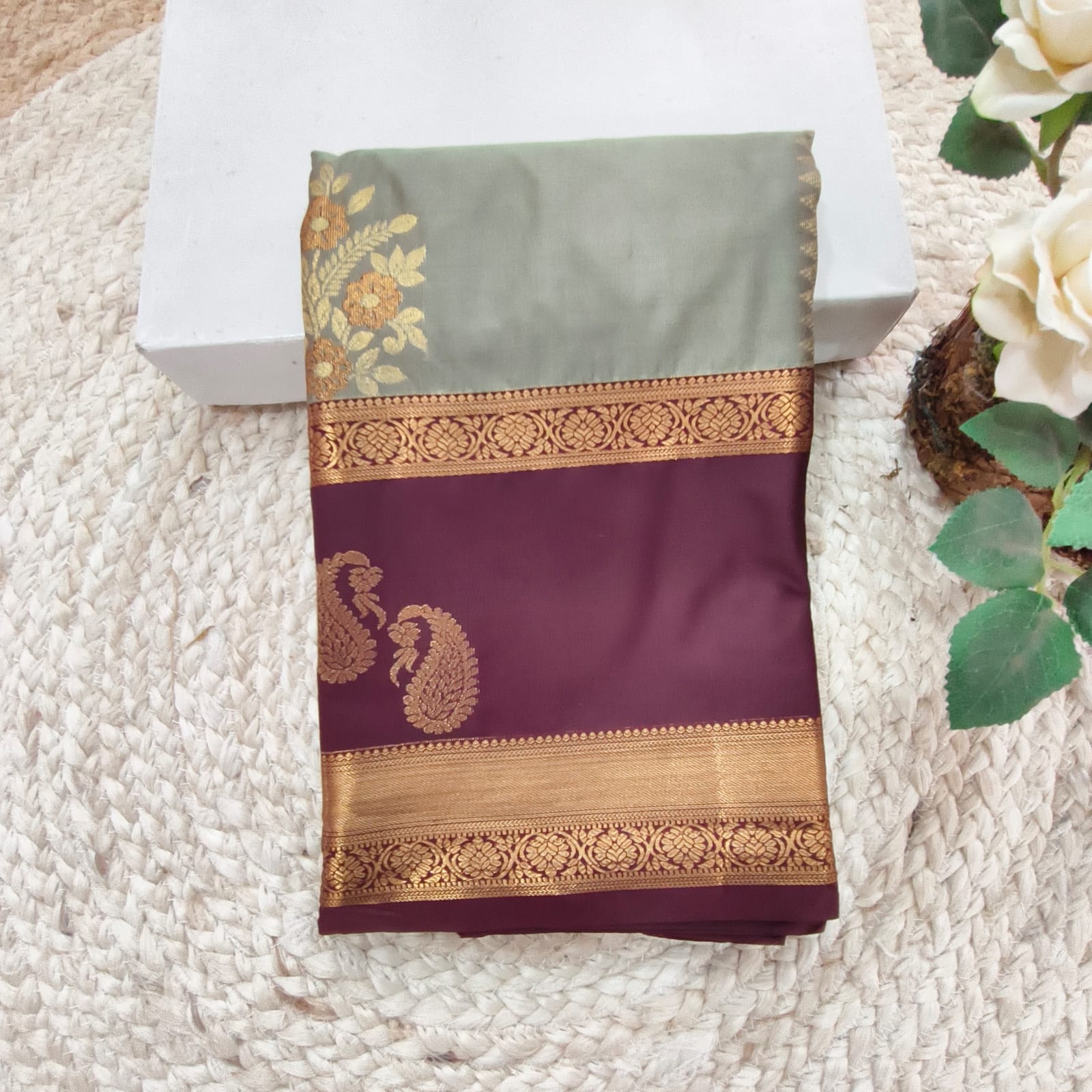 Semi Kanchipuram Silk Saree- Sage Green and Maroon Contrast