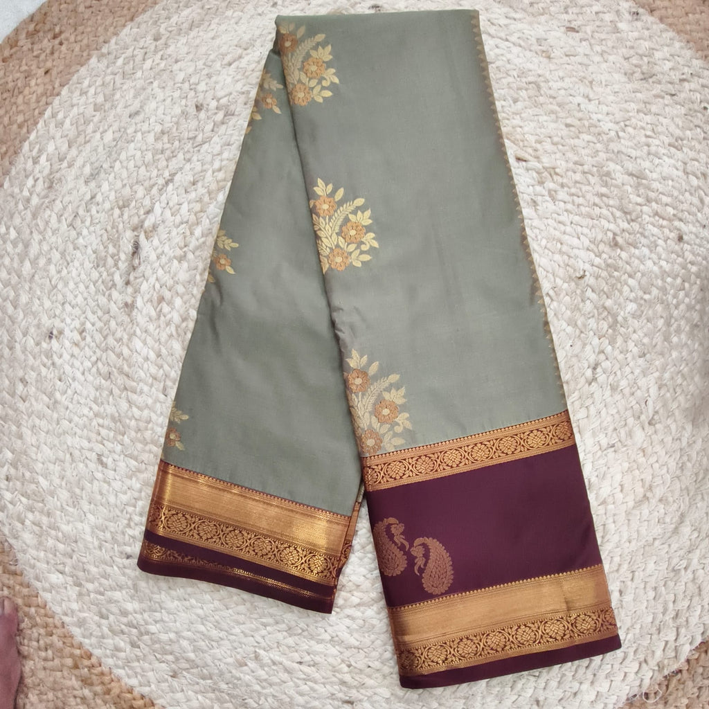 Semi Kanchipuram Silk Saree- Sage Green and Maroon Contrast