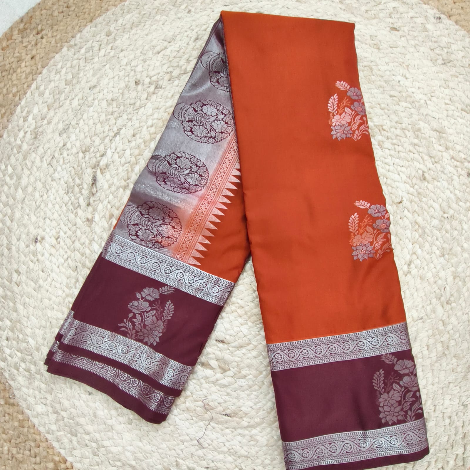 Semi Kanchipuram Silk Saree- Rust Orange and Maroon Contrast