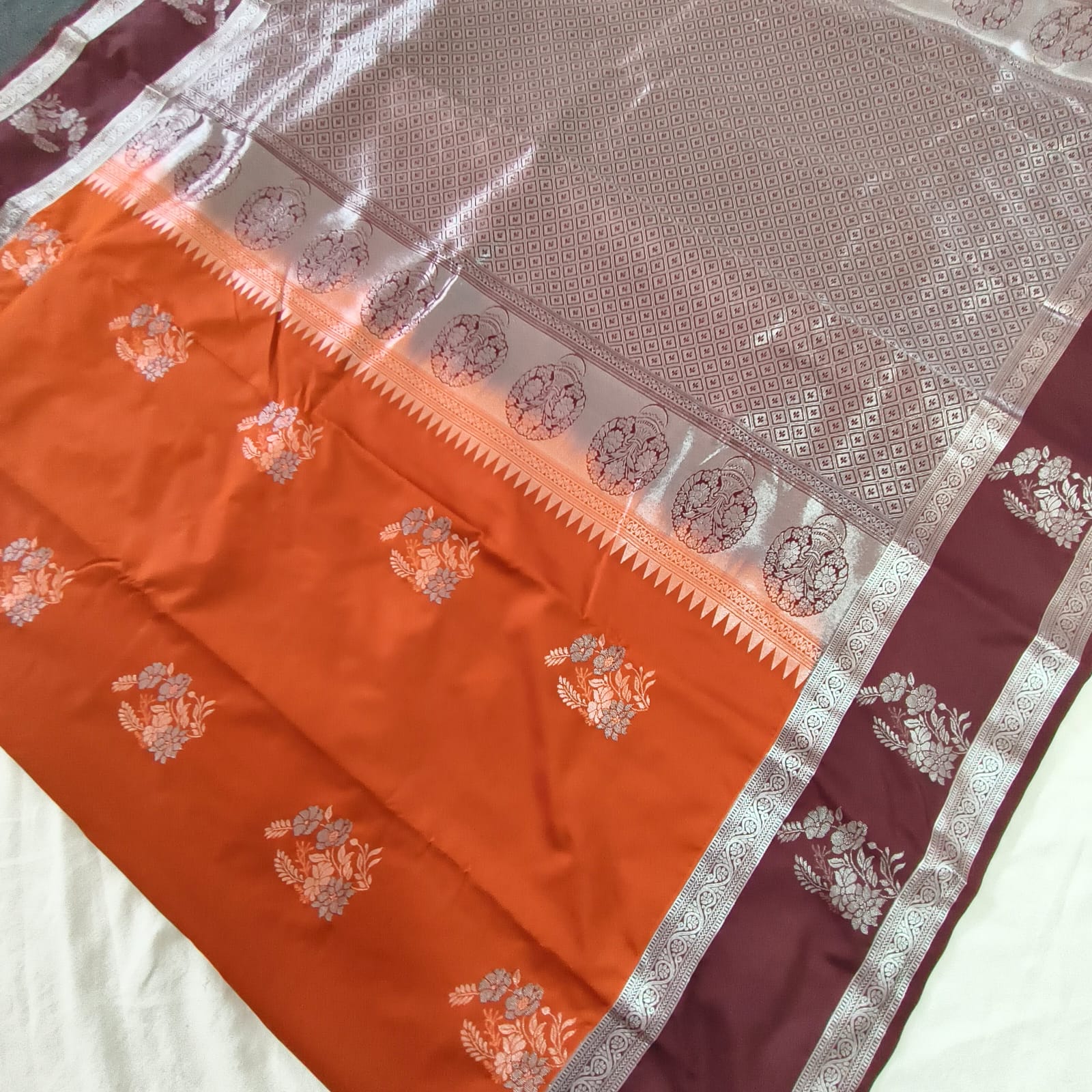 Semi Kanchipuram Silk Saree- Rust Orange and Maroon Contrast