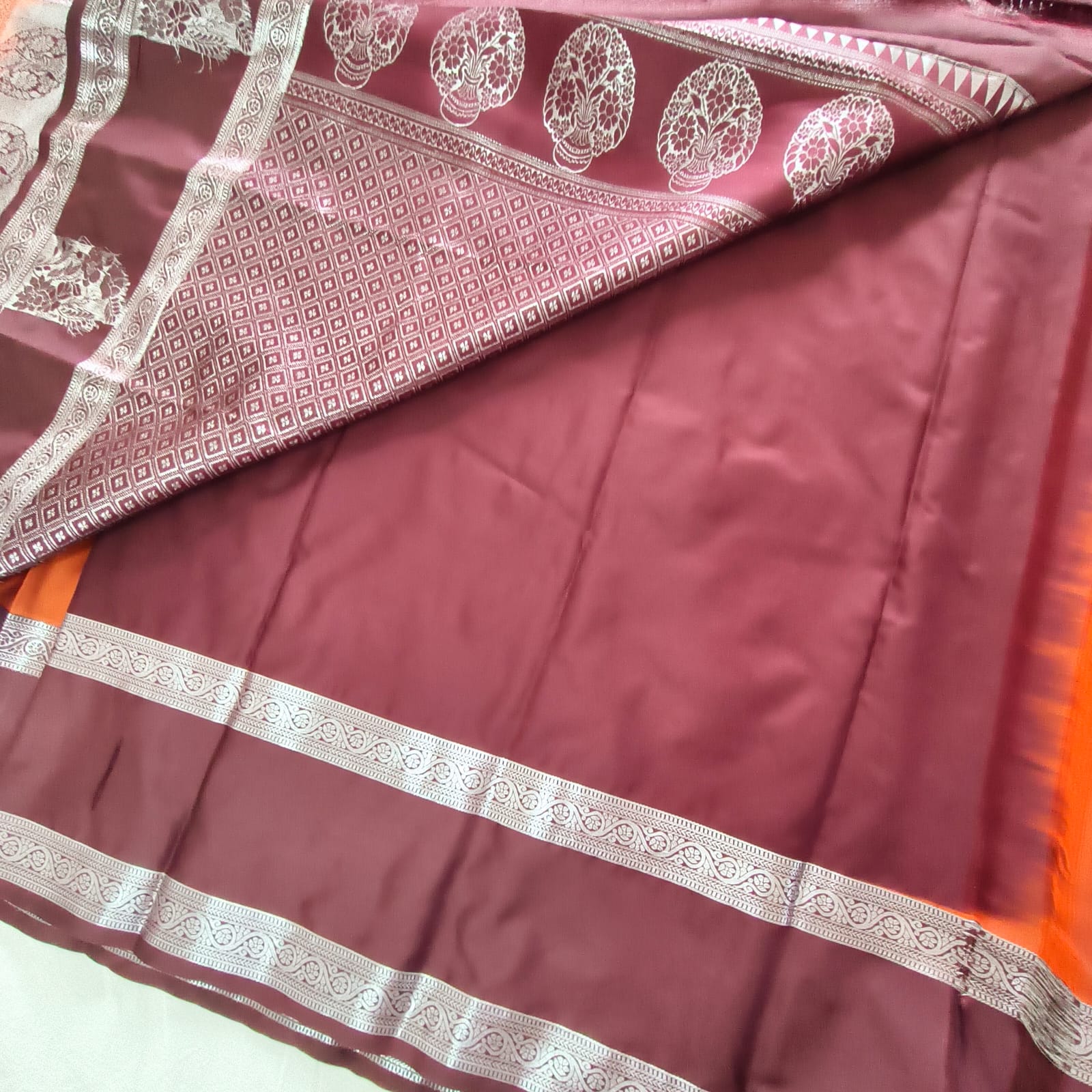 Semi Kanchipuram Silk Saree- Rust Orange and Maroon Contrast