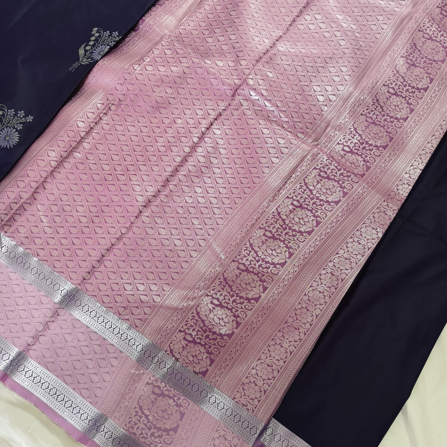 Semi Kanchipuram Silk Saree- Navy Blue and Lilac Contrast
