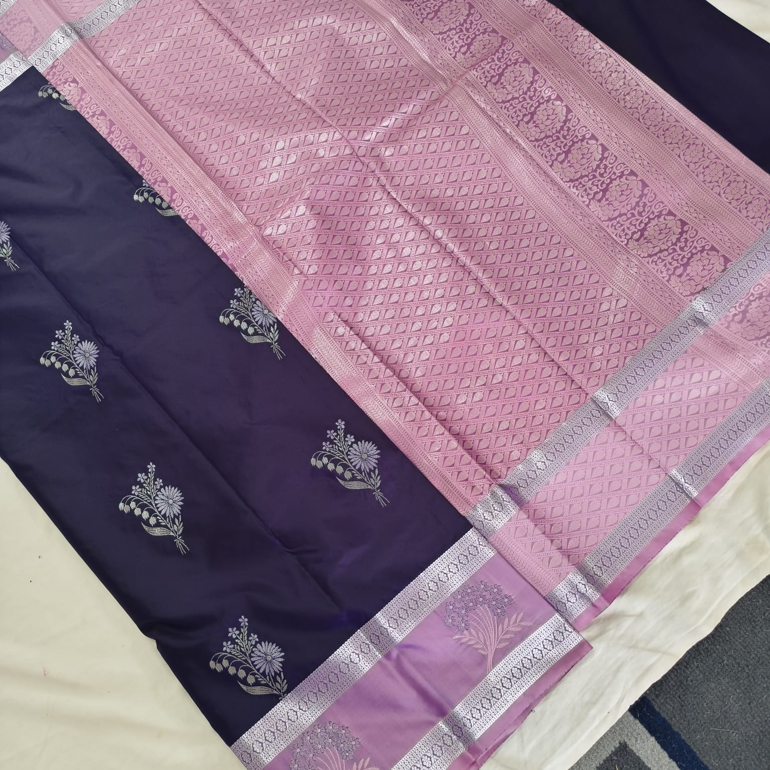 Semi Kanchipuram Silk Saree- Navy Blue and Lilac Contrast