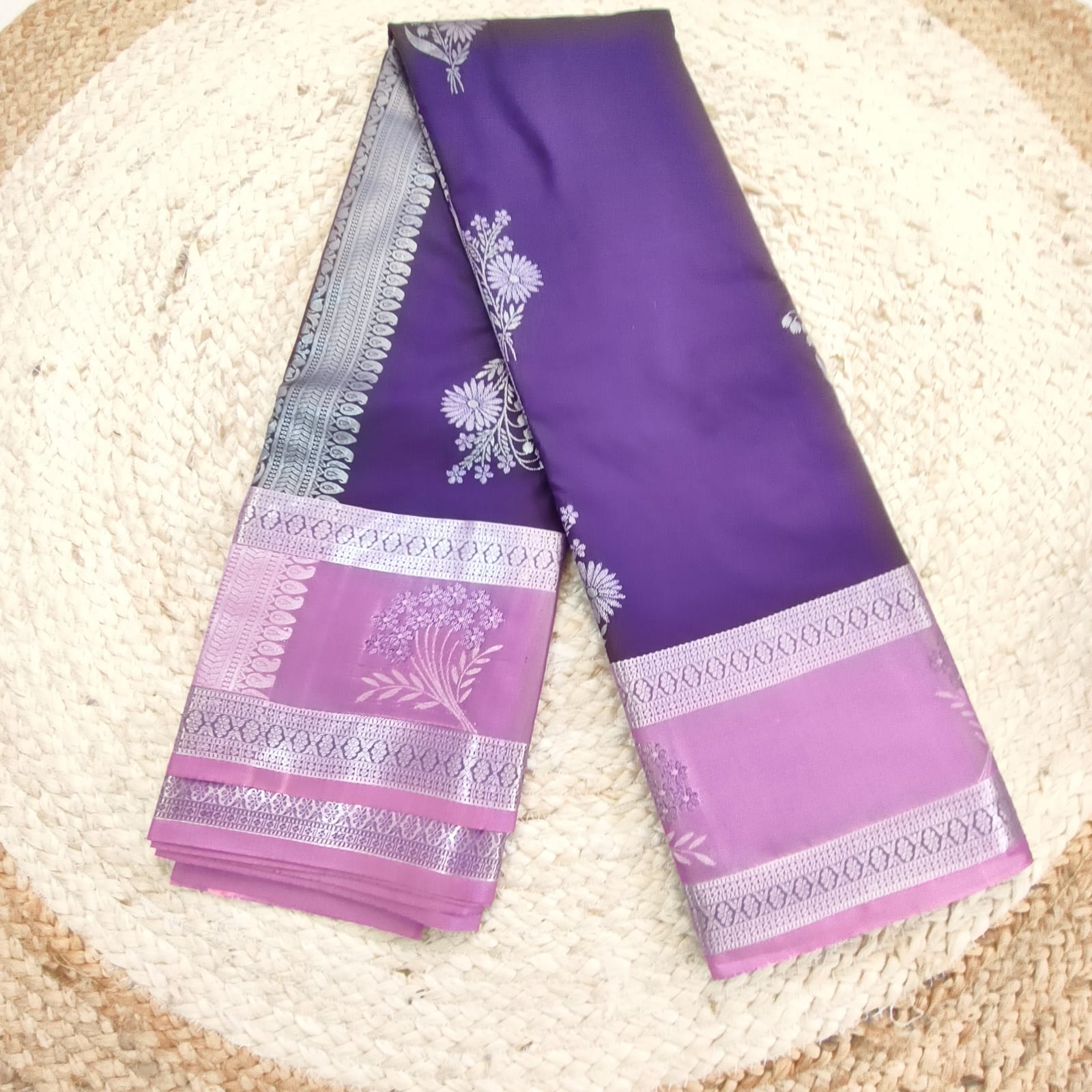 Semi Kanchipuram Silk Saree- Navy Blue and Lilac Contrast
