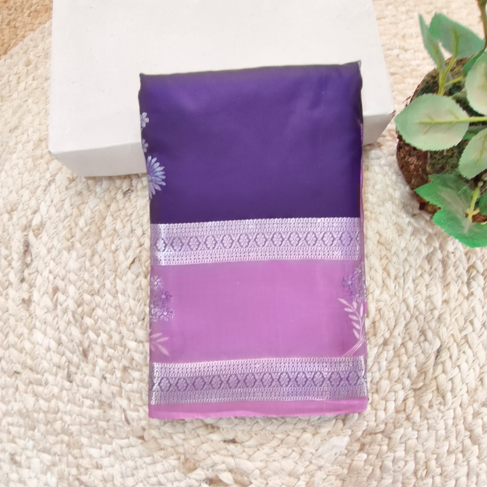 Semi Kanchipuram Silk Saree- Navy Blue and Lilac Contrast