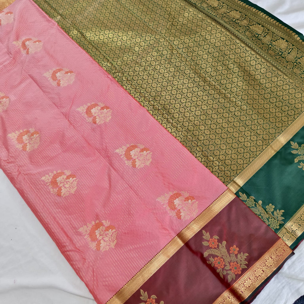 Semi Kanchipuram Silk Saree- Peach,Maroon and Green Contrast