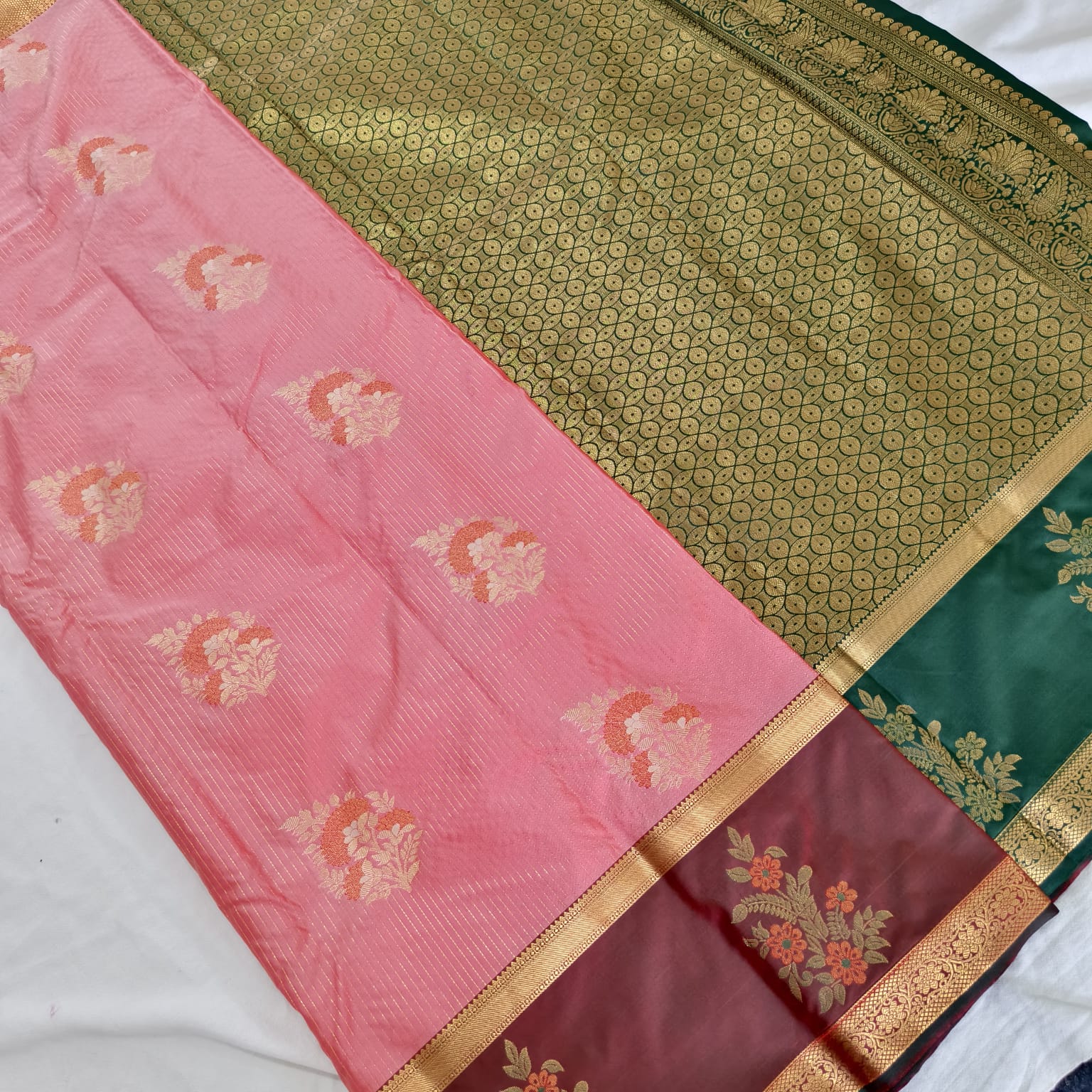 Semi Kanchipuram Silk Saree- Peach,Maroon and Green Contrast