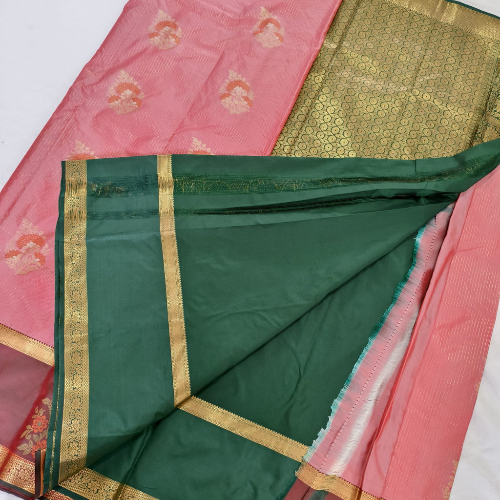Semi Kanchipuram Silk Saree- Peach,Maroon and Green Contrast