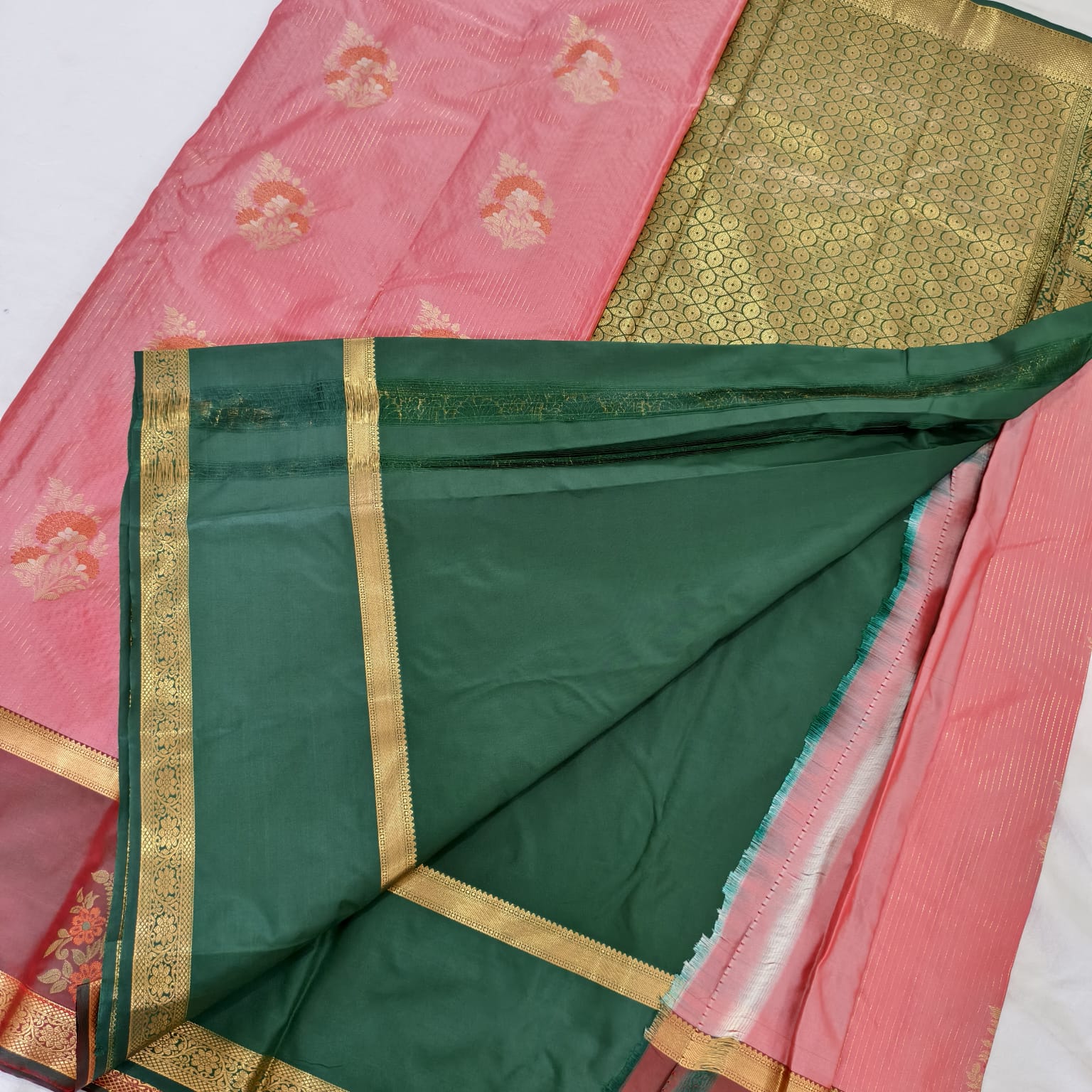 Semi Kanchipuram Silk Saree- Peach,Maroon and Green Contrast