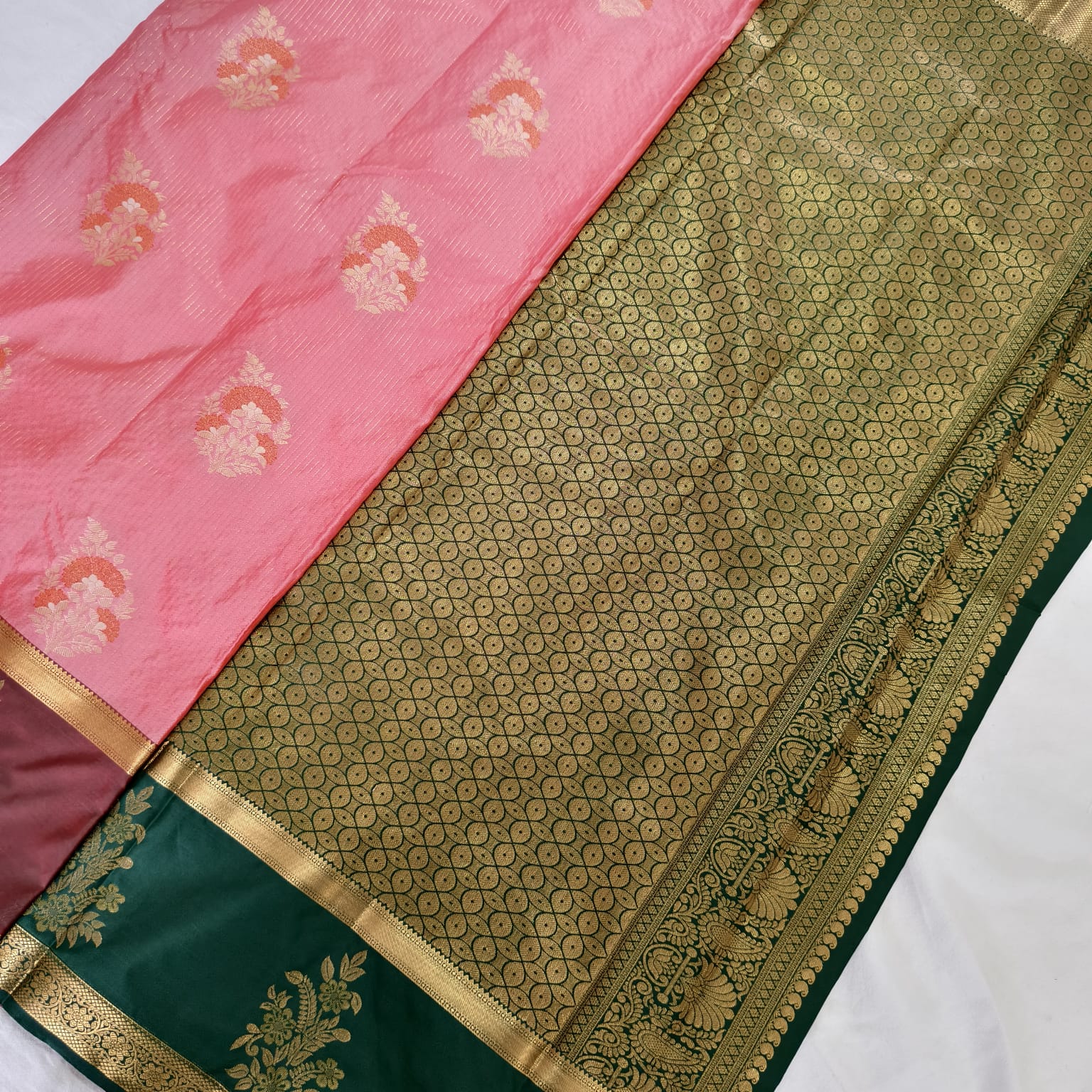 Semi Kanchipuram Silk Saree- Peach,Maroon and Green Contrast