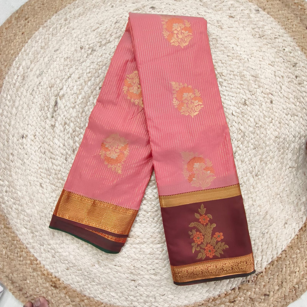 Semi Kanchipuram Silk Saree- Peach,Maroon and Green Contrast