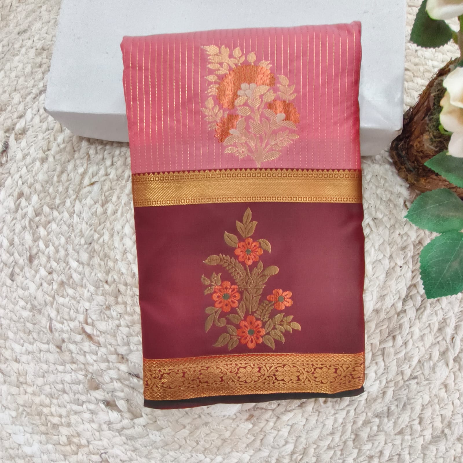 Semi Kanchipuram Silk Saree- Peach,Maroon and Green Contrast