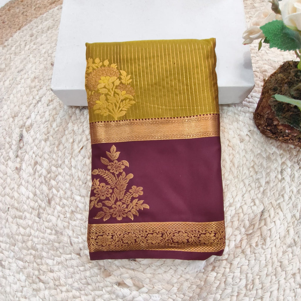 Semi Kanchipuram Silk Saree- mustard gold and Maroon Contrast
