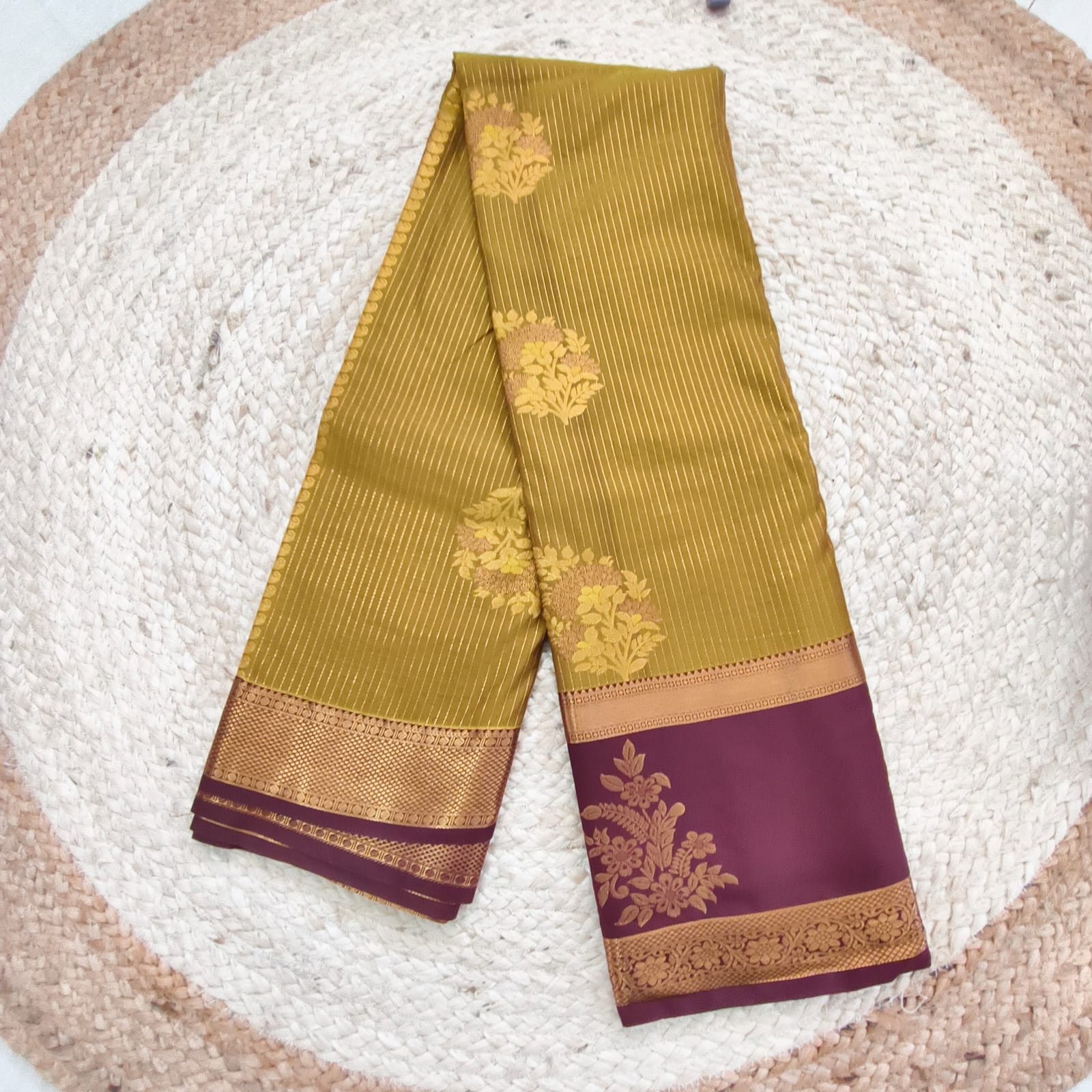 Semi Kanchipuram Silk Saree- mustard gold and Maroon Contrast