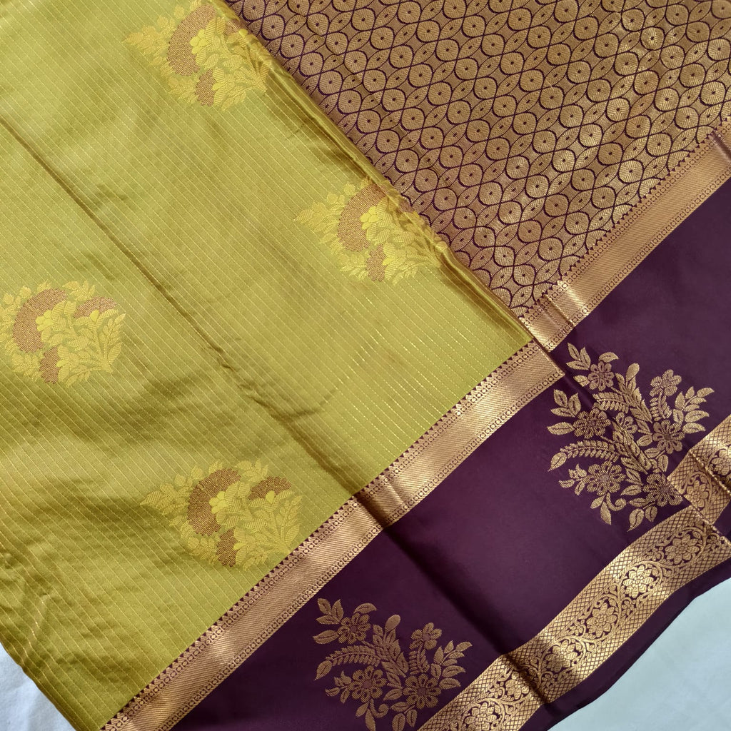 Semi Kanchipuram Silk Saree- mustard gold and Maroon Contrast