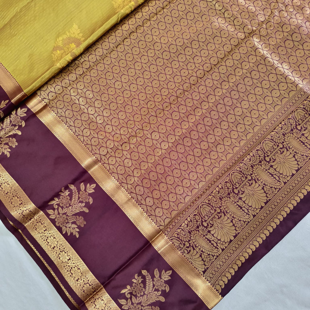 Semi Kanchipuram Silk Saree- mustard gold and Maroon Contrast