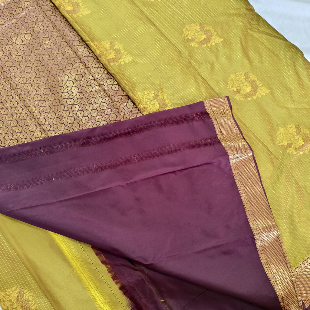 Semi Kanchipuram Silk Saree- mustard gold and Maroon Contrast