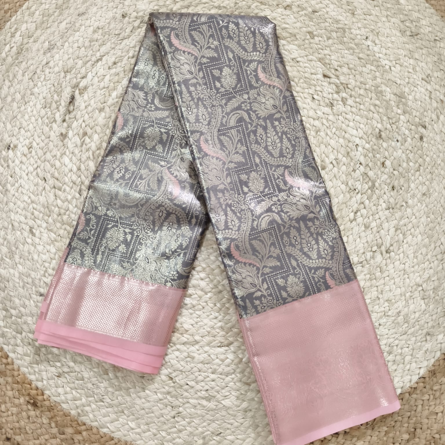 Semi Kanchipuram Tissue Silk Saree- Grey and Light Pink Contrast