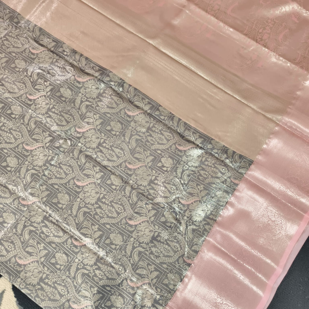 Semi Kanchipuram Tissue Silk Saree- Grey and Light Pink Contrast