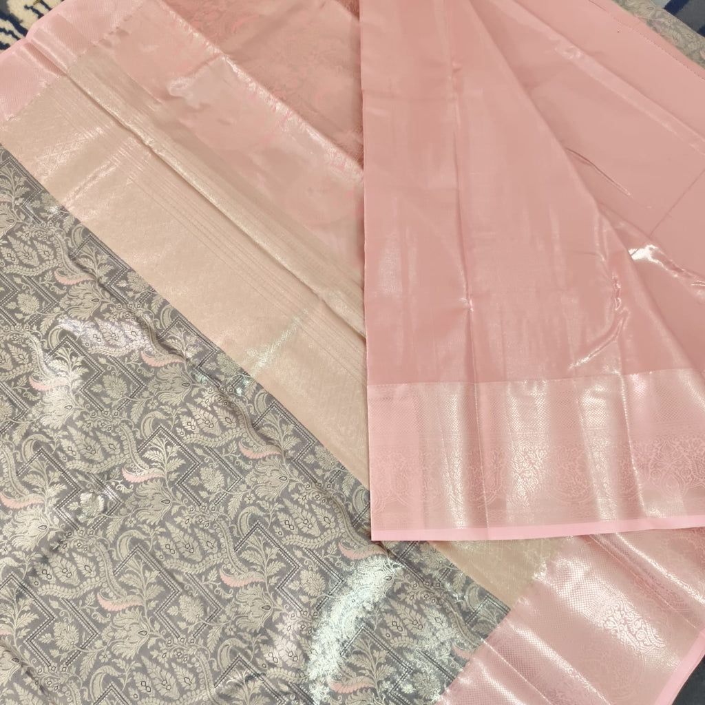 Semi Kanchipuram Tissue Silk Saree- Grey and Light Pink Contrast