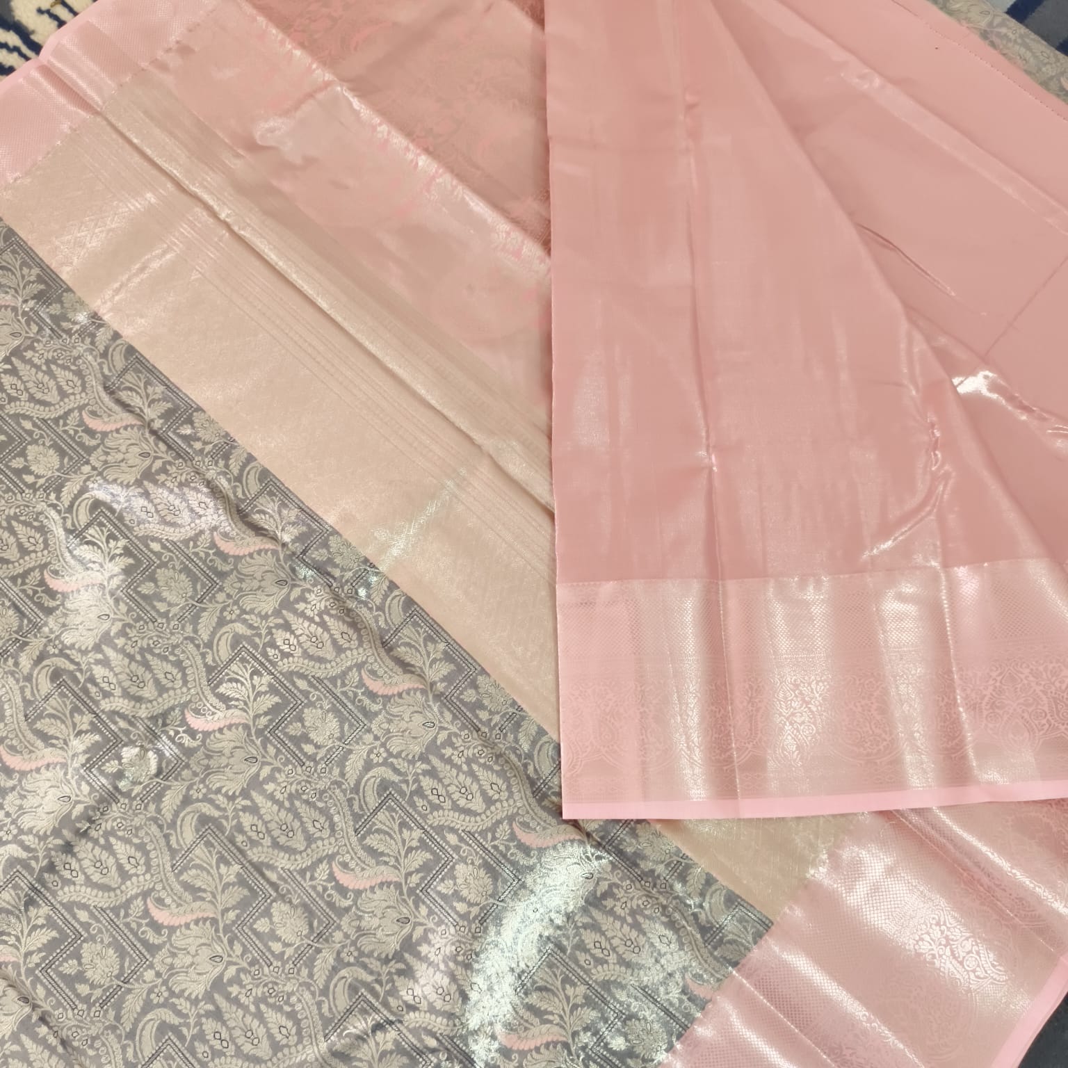 Semi Kanchipuram Tissue Silk Saree- Grey and Light Pink Contrast