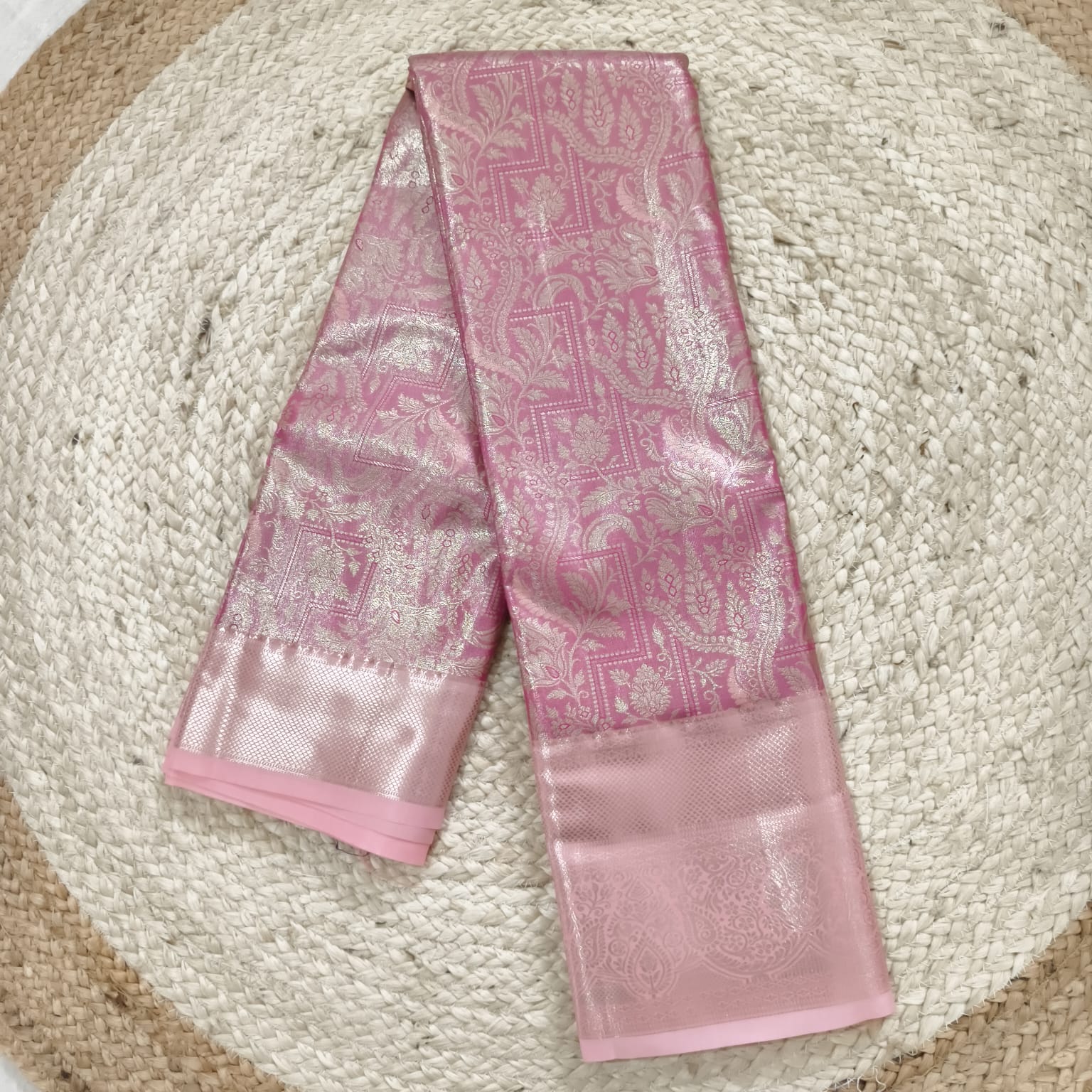 Semi Kanchipuram Tissue Silk Saree- Rani Pink and Light Pink Contrast