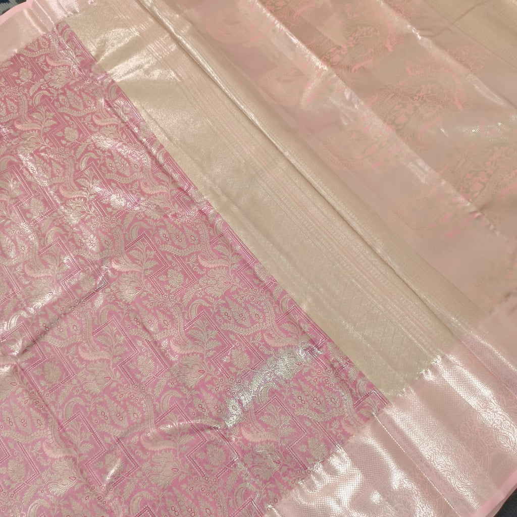 Semi Kanchipuram Tissue Silk Saree- Rani Pink and Light Pink Contrast