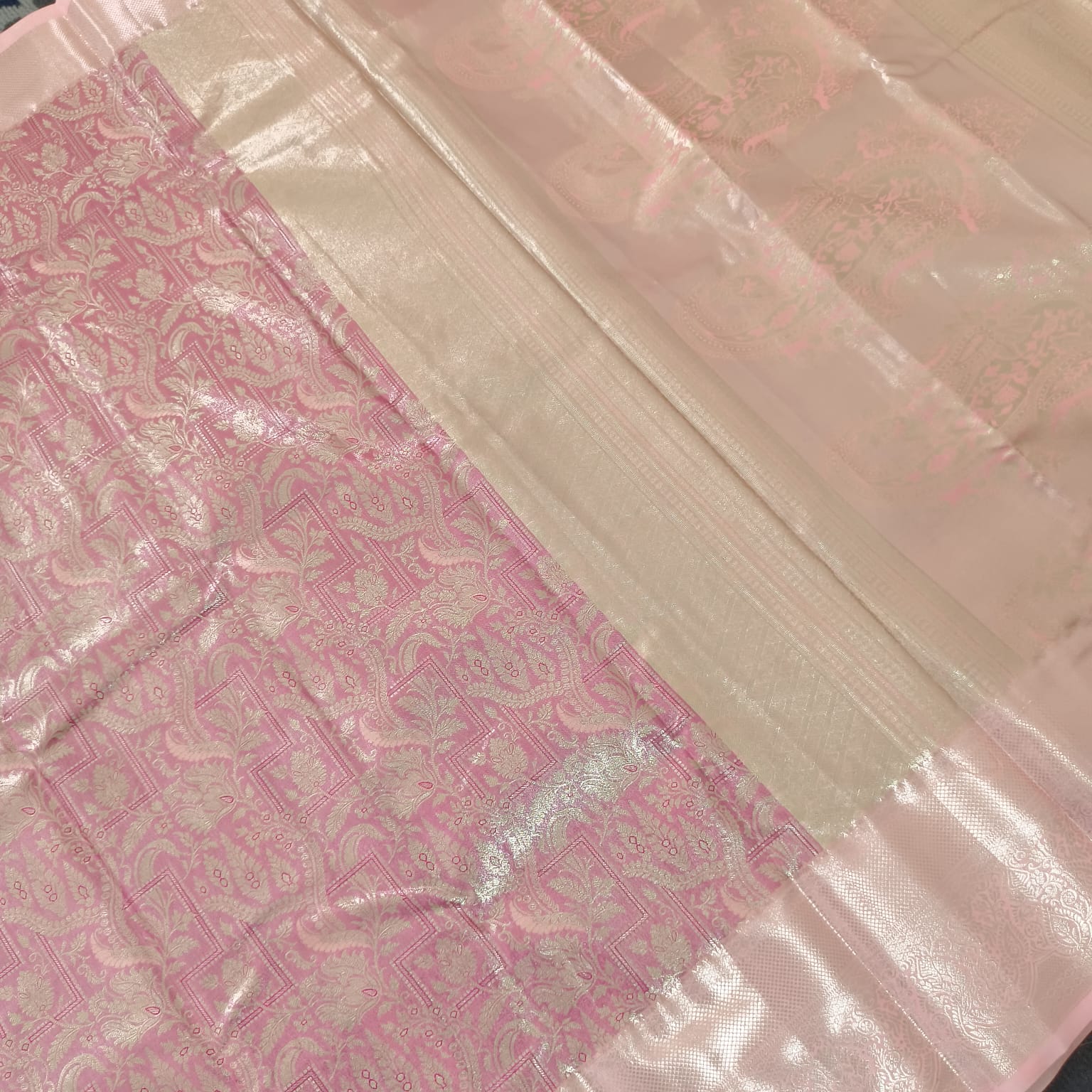Semi Kanchipuram Tissue Silk Saree- Rani Pink and Light Pink Contrast