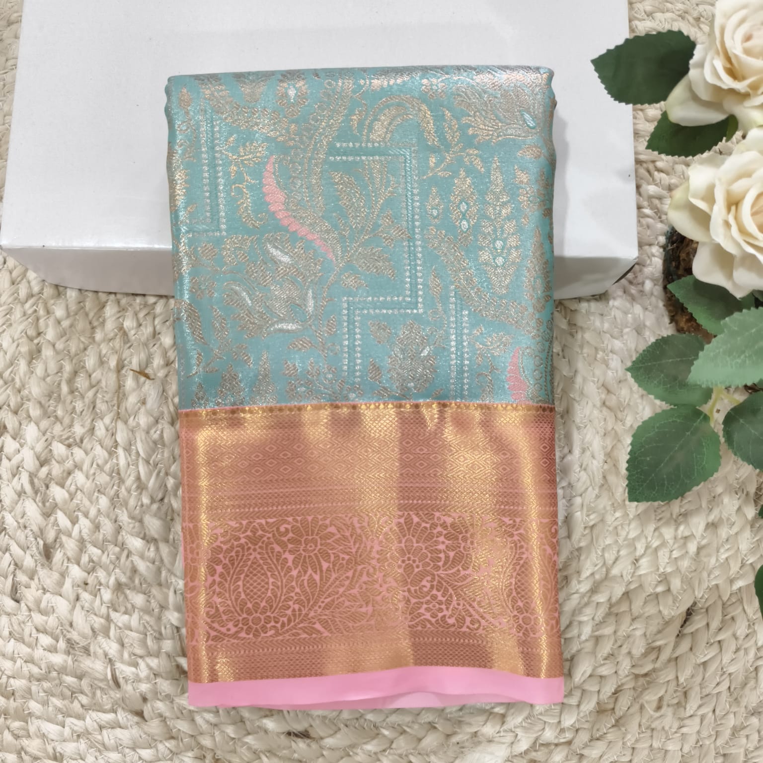 Semi Kanchipuram Tissue Silk Saree- Pastel Aqua Blue and Light Pink Contrast (Copy)